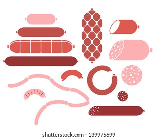 Sausage icon set. Vintage style vector. Isolated sausages and meat on white background