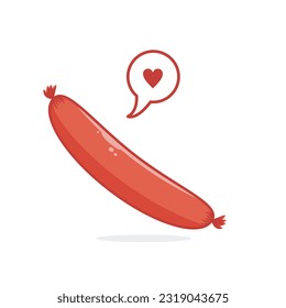 Sausage icon vector and love symbol on it. Single grilled sausage illustration designed in cute flat cartoon style, isolated on white background. For web, landing page and print media 