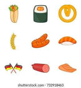 Sausage icons set. Cartoon set of 9 sausage vector icons for web isolated on white background
