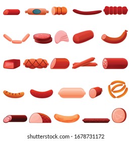 Sausage icons set. Cartoon set of sausage vector icons for web design