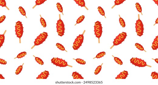 Ilustración de salchicha sin patrón. Patrón inconsútil de la salchicha de la comida rápida en estilo colorido. Vector de impresión para la tela o el Fondo de pantalla.
