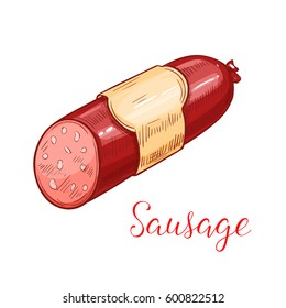 Sausage isolated sketch. Salami or pepperoni sausage with cured beef or pork meat and minced fat. Sausage stick with blank label for butcher shop price card or meat market design