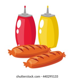 Sausage and ketchup, mustard of colorful flat cartoon illustration of fast food icons. Isolated vector. Illustration for design fast food menu.