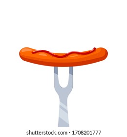 Sausage with ketchup on fork. Vector illustration isolated on white background