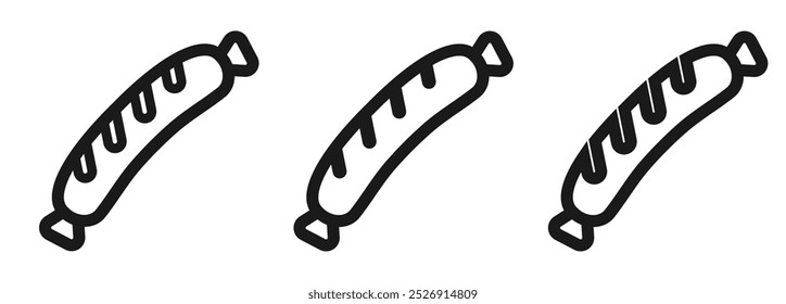 Sausage line icon in three variations. Grilled meat product pictogram. Food sign, symbol for web design, mobile app, logo template. Restaurant and kitchen decoration. Isolated vector illustration