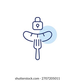 Salchicha y candado. Recetas seguras, comedor seguro. Icono de Vector de trazo perfecto y editable