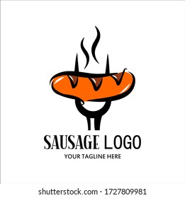 Sausage logo, sausage with  fork and smoke