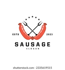 Logotipo de salchicha, horquilla de carne vectorial y comida de salchicha, diseño inspirador de restaurantes, rústico retro vintage