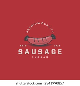 Logotipo de salchicha, horquilla de carne vectorial y comida de salchicha, diseño inspirador de restaurantes, rústico retro vintage