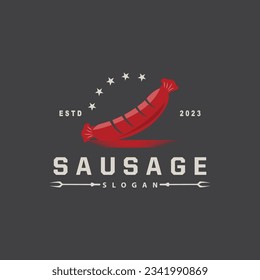 Logotipo de salchicha, horquilla de carne vectorial y comida de salchicha, diseño inspirador de restaurantes, rústico retro vintage