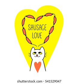 Sausage love. Funny cat dreams about sausages. Isolated vector illustration. Cute character design and graphic elements. Cartoon hand drawn style. Perfect for greeting cards, stickers, posters.
