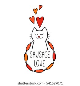 Sausage love. Funny cat dreams about sausages. Isolated vector illustration. Cute character design and graphic elements. Cartoon hand drawn style. Perfect for greeting cards, stickers, posters.