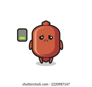 sausage mascot character doing a tired gesture , cute design