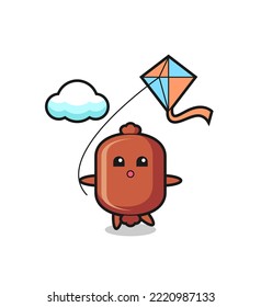 sausage mascot illustration is playing kite , cute design
