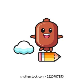 sausage mascot illustration riding on a giant pencil , cute design