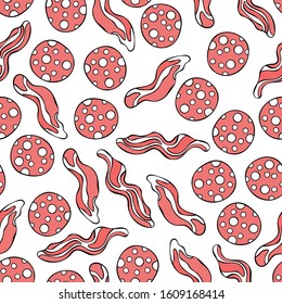 Sausage and meat bacon. Sausage slices. Cartoon food. Seamless vector pattern (background). Food print.