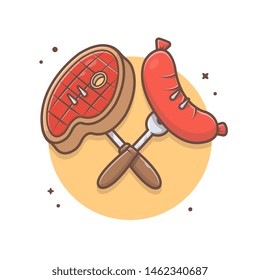 Sausage And Meat on Fork Vector Illustration. Barbecue Logo. BBQ Time Icon. Restaurant. Food. Flat Cartoon Style Suitable for Web Landing Page, Banner, Flyer, Sticker, Wallpaper, Card, Background