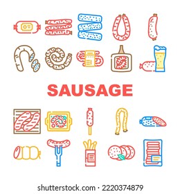 sausage meat pork icons set vector. beef grill, food bratwurst, barbecue bbq, meal german, cooked fat, hot traditional sausage meat pork color line illustrations