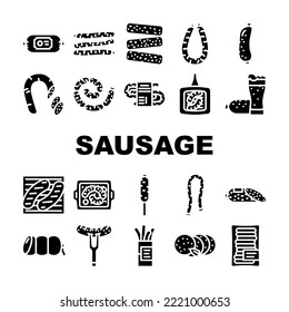 sausage meat pork icons set vector. beef grill, food bratwurst, barbecue bbq, meal german, cooked fat, hot traditional sausage meat pork glyph pictogram Illustrations