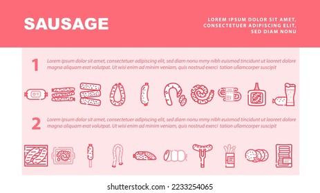 sausage meat pork landing web page header vector. beef grill, food bratwurst, barbecue bbq, meal german, cooked fat, hot traditional sausage meat pork Illustration