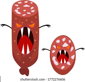 sausage monster cartoon characters cut pieces with evil eyes and sharp fangs objects on a white background halloween and junk food concept