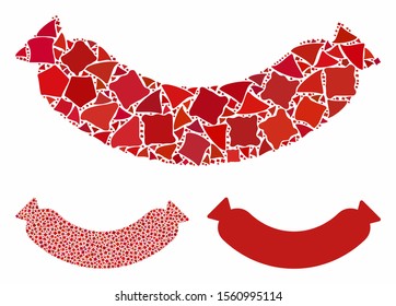 Sausage mosaic of humpy pieces in various sizes and shades, based on sausage icon. Vector raggy pieces are organized into collage. Sausage icons collage with dotted pattern.