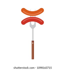 Sausage on barbecue fork. Grilled sausage. Vector illustration flat design. Isolated on white background.