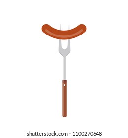 Sausage on barbecue fork. Grilled sausage. Vector illustration flat design. Isolated on white background.