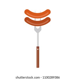 Sausage on barbecue fork. Grilled sausage. Vector illustration flat design. Isolated on white background.