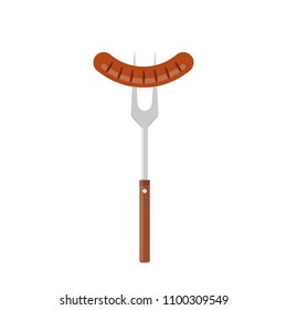 Sausage on barbecue fork. Grilled sausage. Vector illustration flat design. Isolated on white background.