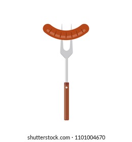 Sausage on barbecue fork. Grilled sausage. Vector illustration flat design. Isolated on white background.