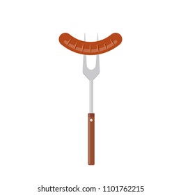 Sausage on barbecue fork. Grilled sausage. Vector illustration flat design. Isolated on white background.