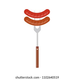 Sausage on barbecue fork. Grilled sausage. Vector illustration flat design. Isolated on white background.