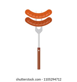 Sausage on barbecue fork. Grilled sausage. Vector illustration flat design. Isolated on white background.