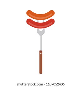 Sausage on barbecue fork. Grilled sausage. Vector illustration flat design. Isolated on white background.