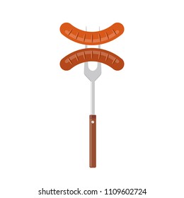 Sausage on barbecue fork. Grilled sausage. Vector illustration flat design. Isolated on white background.