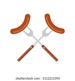 Sausage on barbecue fork. Grilled sausage. BBQ or grill tools icon. Crossed barbecue forks with grilled sausages. Symbol Template Logo. Vector illustration flat design. Isolated on white background.