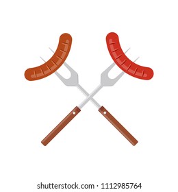 Sausage on barbecue fork. Grilled sausage. BBQ or grill tools icon. Crossed barbecue forks with grilled sausages. Symbol Template Logo. Vector illustration flat design. Isolated on white background.