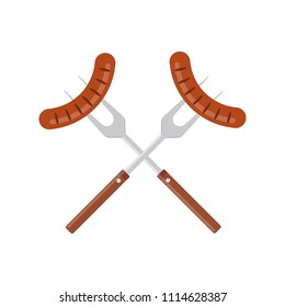 Sausage on barbecue fork. Grilled sausage. BBQ or grill tools icon. Crossed barbecue forks with grilled sausages. Symbol Template Logo. Vector illustration flat design. Isolated on white background.