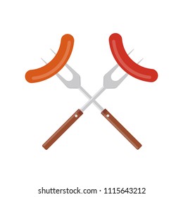 Sausage on barbecue fork. Grilled sausage. BBQ or grill tools icon. Crossed barbecue forks with grilled sausages. Symbol Template Logo. Vector illustration flat design. Isolated on white background.