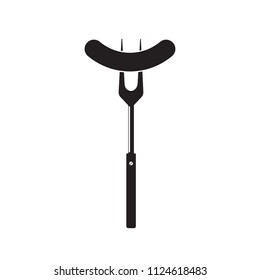 Sausage on barbecue fork. Grilled sausage. Vector illustration flat design. Black simple silhouette. Symbol Template Logo. Isolated on white background.