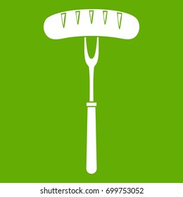 Sausage on bbq fork icon white isolated on green background. Vector illustration