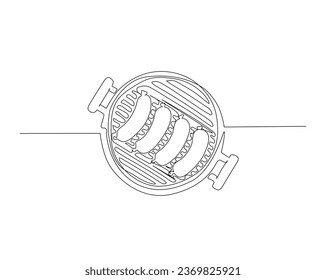Sausage on bbq grill stand outline vector design. Continuous one line drawing of barbecue grill. Editable stroke.