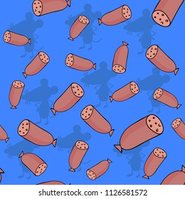 Sausage on a blue background. The print is seamless with sausage in a chaotic manner.