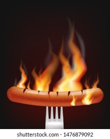 Sausage on fire Vector realistic. Menu advert concept. Dark background. 3d illustration burning food poster template