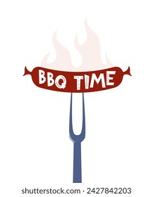 Sausage on a fork, BBQ Time lettering. Grilled sausage. Poster template for invitation to a party. Vector illustration