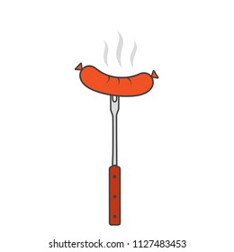 Sausage on fork bbq sausage vector in flat style, web icon isolated on white background, top view
