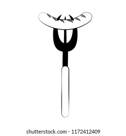 Sausage on fork in black and white