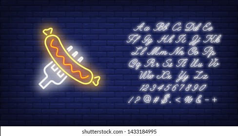 Sausage on fork on brick background. Neon style illustration. Bratwurst, grilled food, barbeque. Food banner. For restaurant, national cuisine, unhealthy eating concept