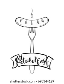 Sausage on the fork. Celebration of the Oktoberfest. Vector.